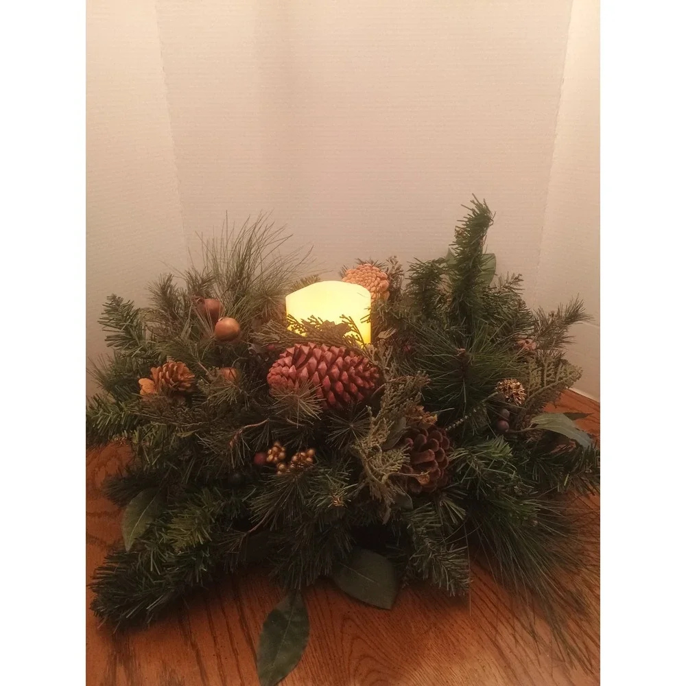Large Artificial Pine Christmas Wreath Centerpiece With Flameless Piller 24x12